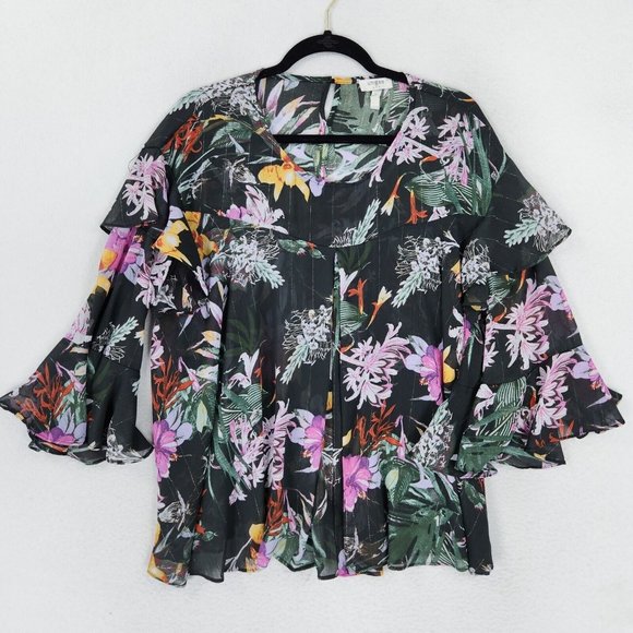 Umgee Floral Print Lantern Sleeve Button Down Shirt